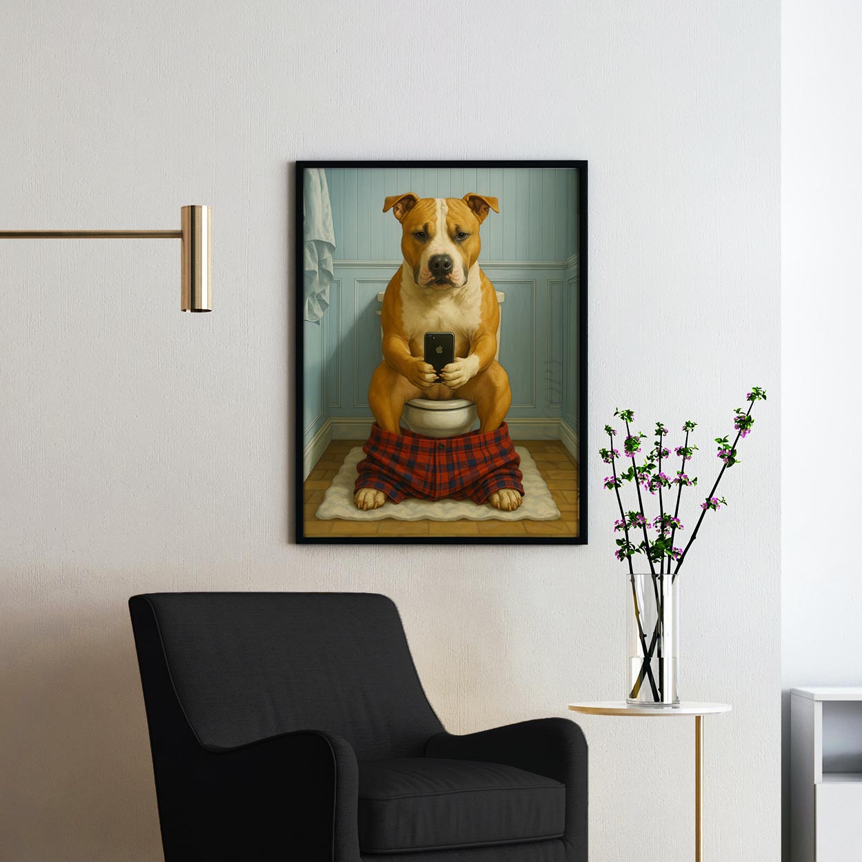 American Staffordshire Terrier Dog On The Phone On The Toilet