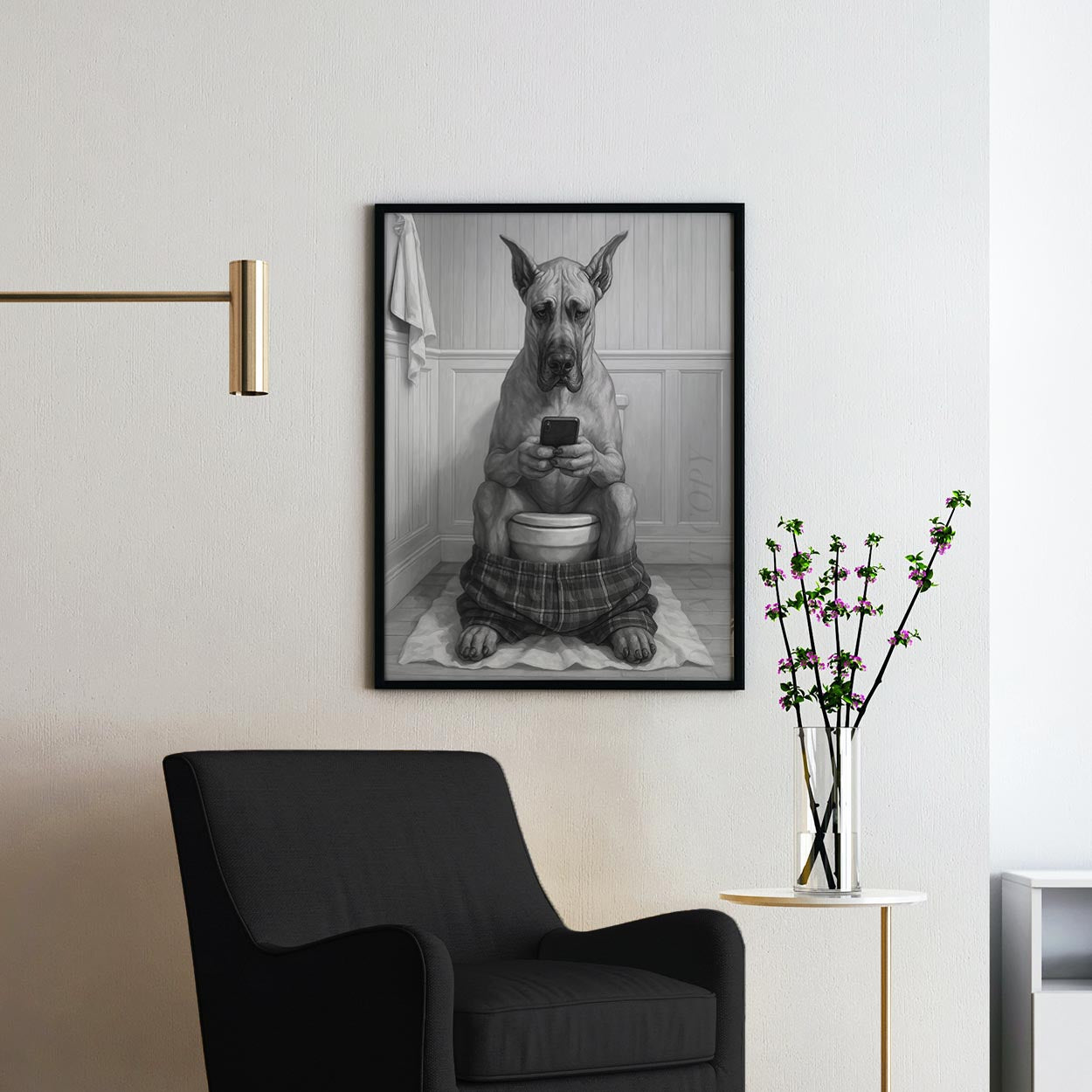 Great Dane Dog On The Phone On The Toilet