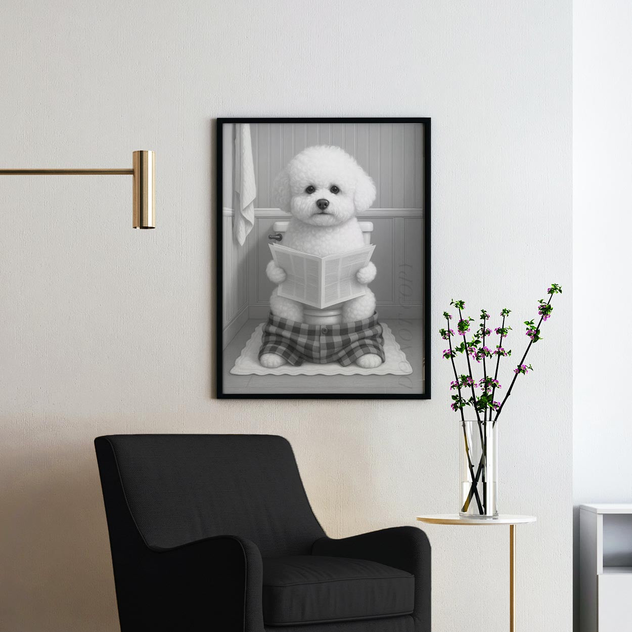 Bichon Frise Dog Reading The Newspaper On The Toilet