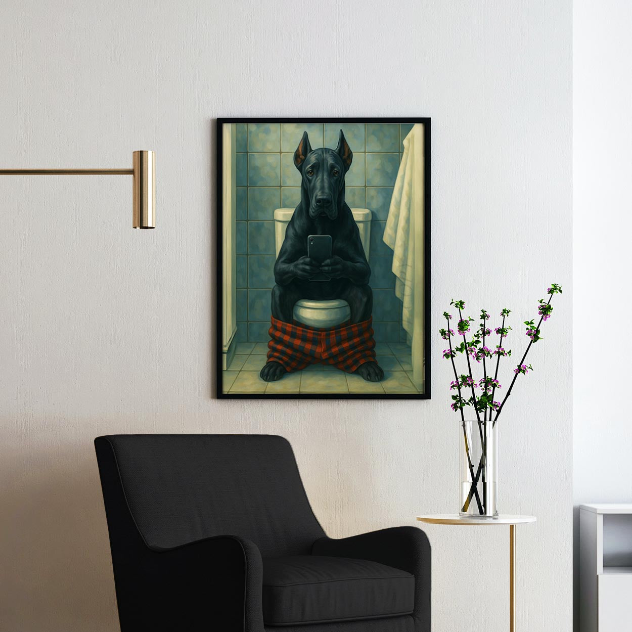 Great Dane Dog On The Phone On The Toilet