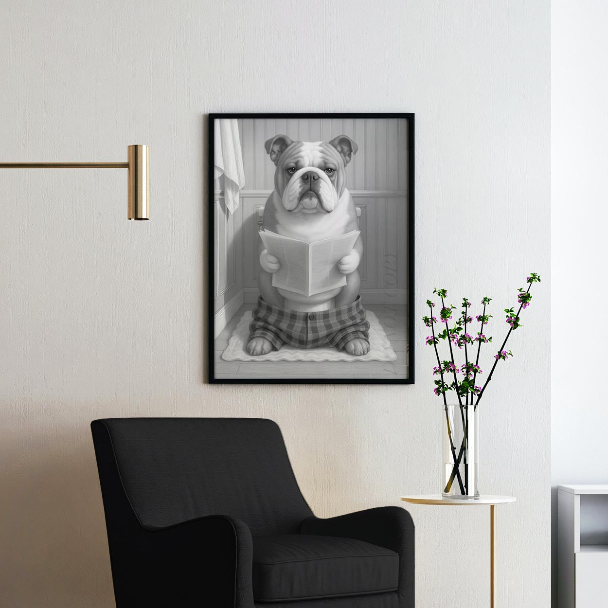 Bulldog Reading The Newspaper On The Toilet