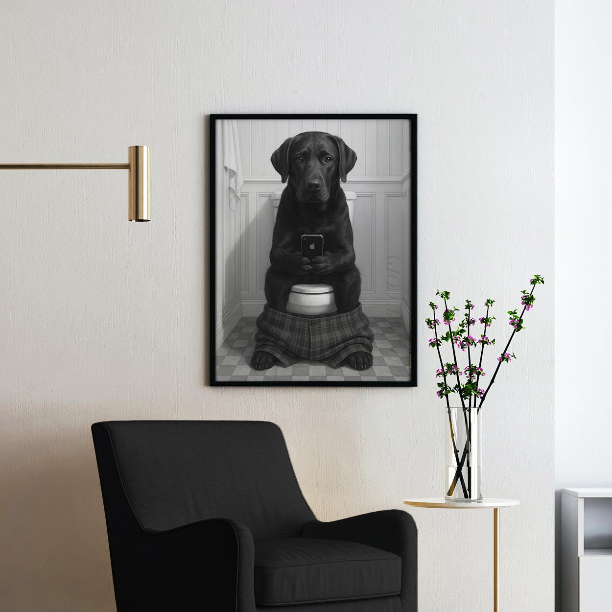 Black Labrador Retriever Dog On The Phone On The Toilet