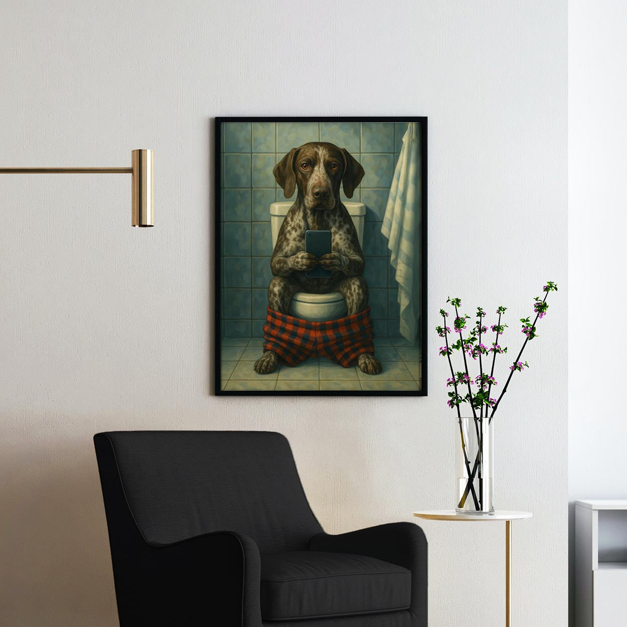 German Shorthaired Pointer Dog On The Phone On The Toilet