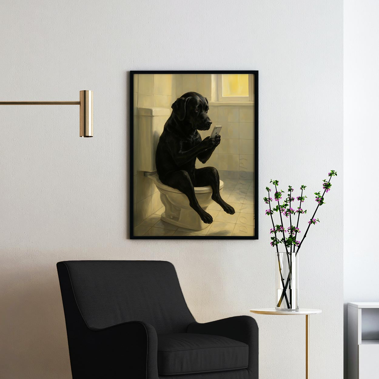 Black Labrador Dog On The Phone On The Toilet