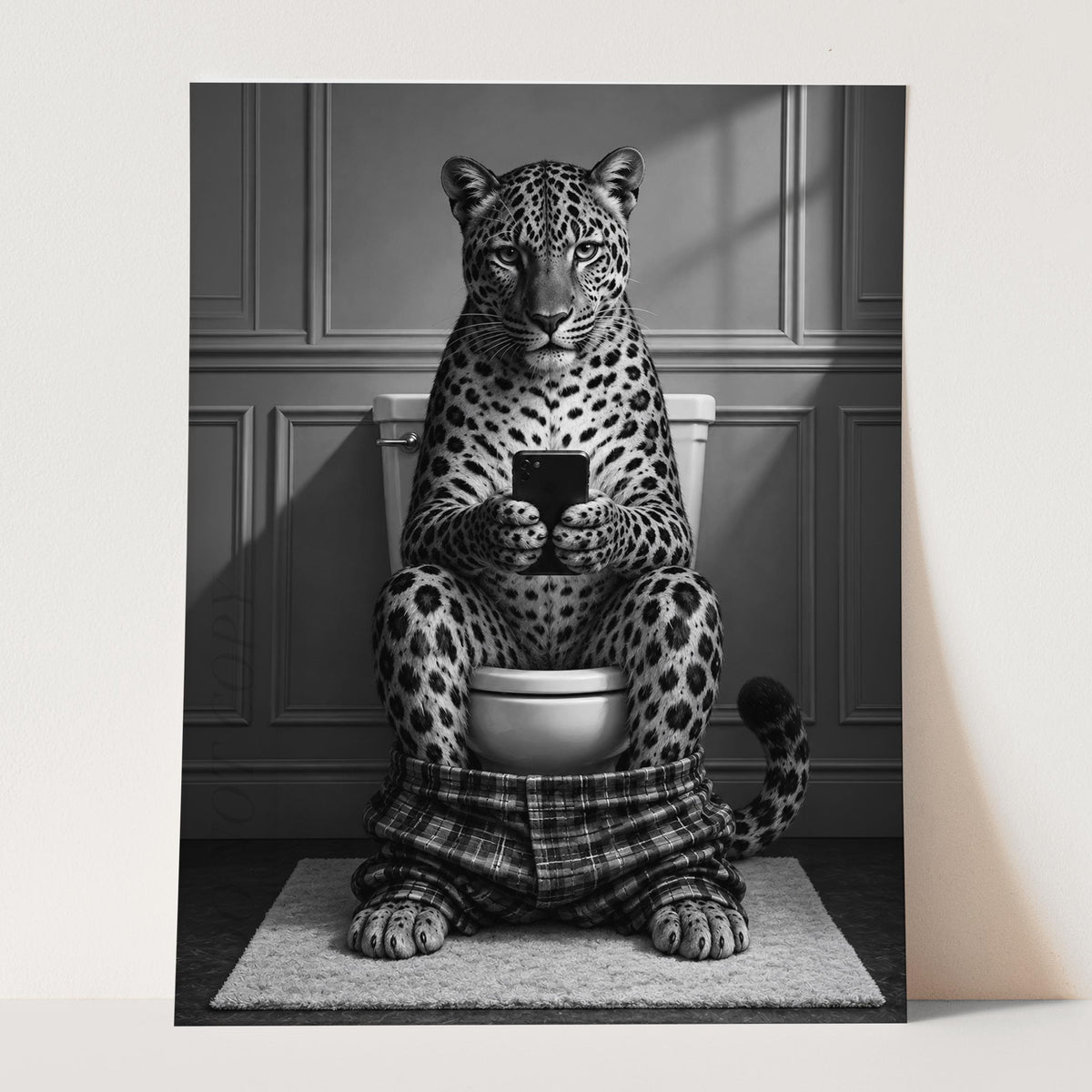Leopard On The Phone On The Toilet