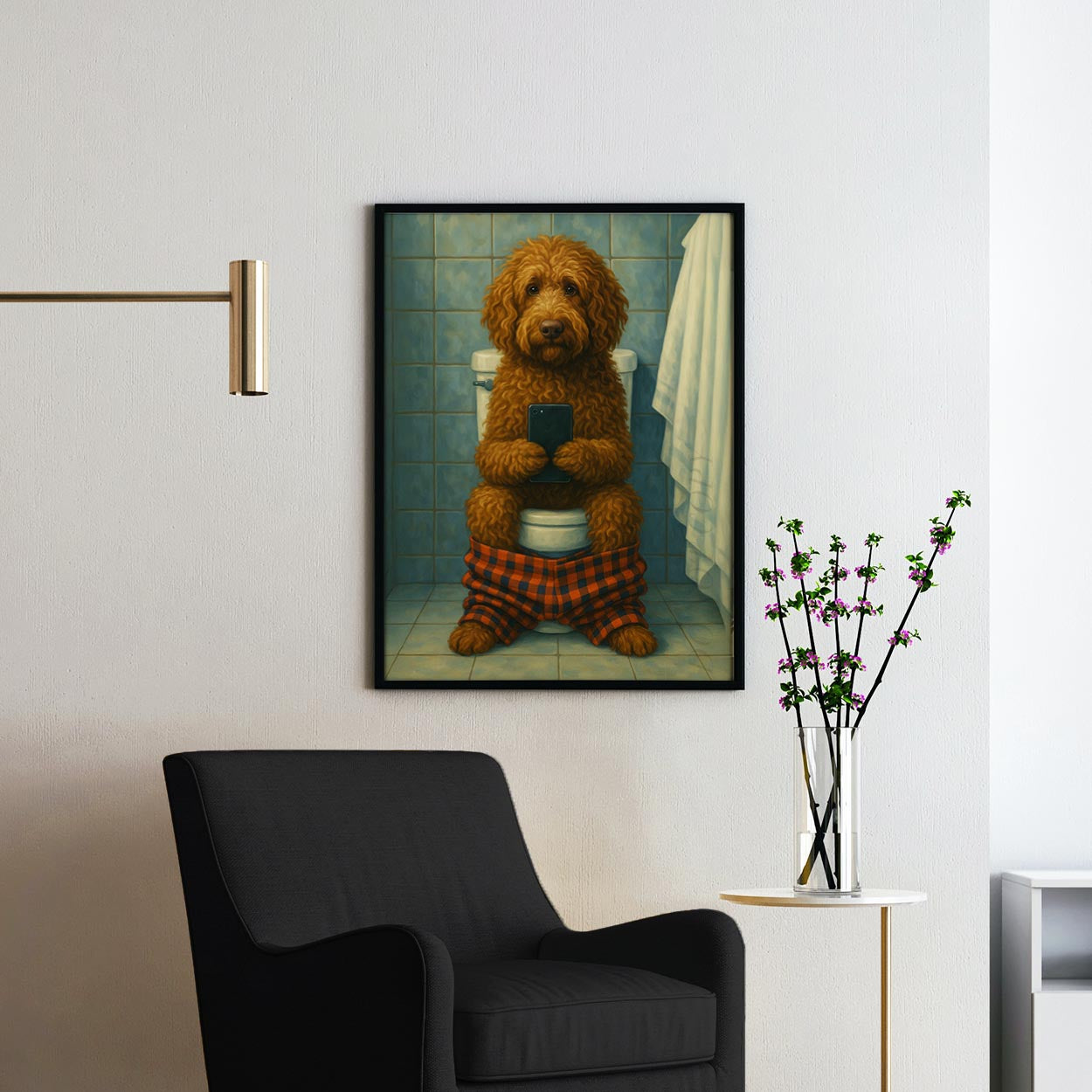 Labradoodle Dog On The Phone On The Toilet