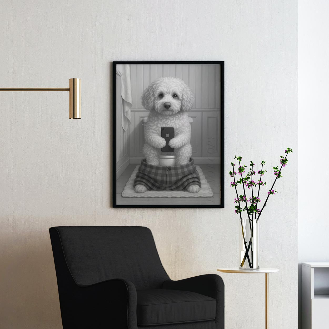 Cockapoo Dog On The Phone On The Toilet