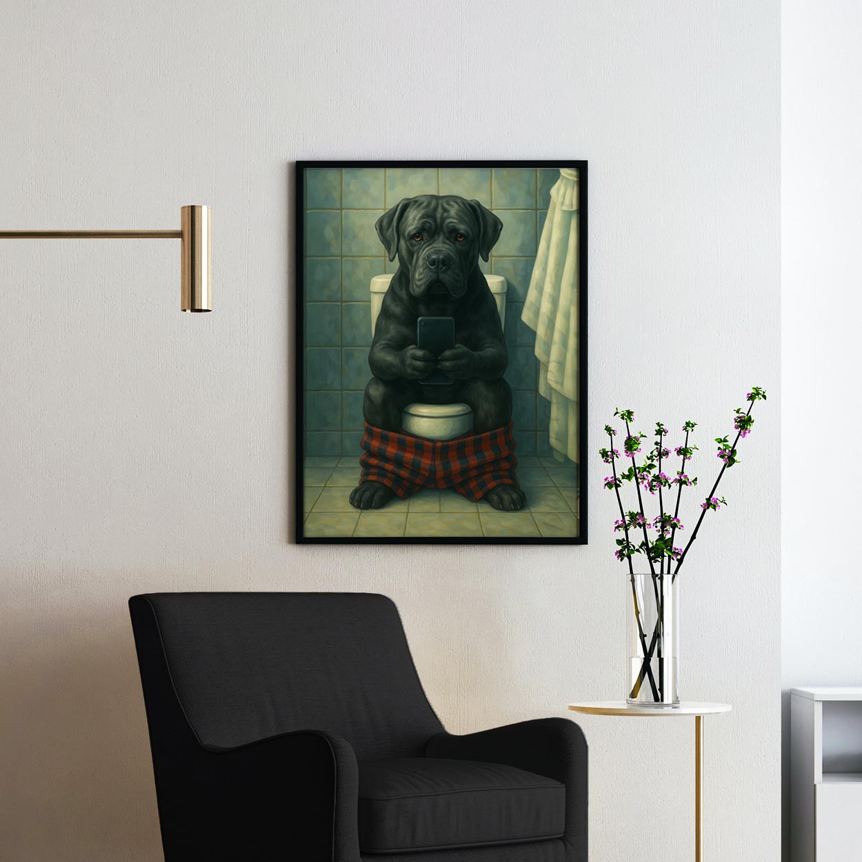 Cane Corso Dog On The Phone On The Toilet