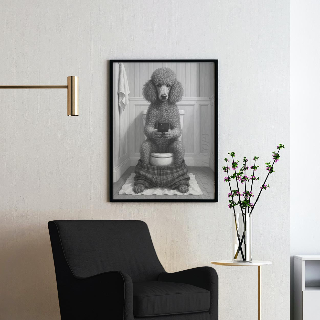 French Poodle Dog On The Phone On The Toilet