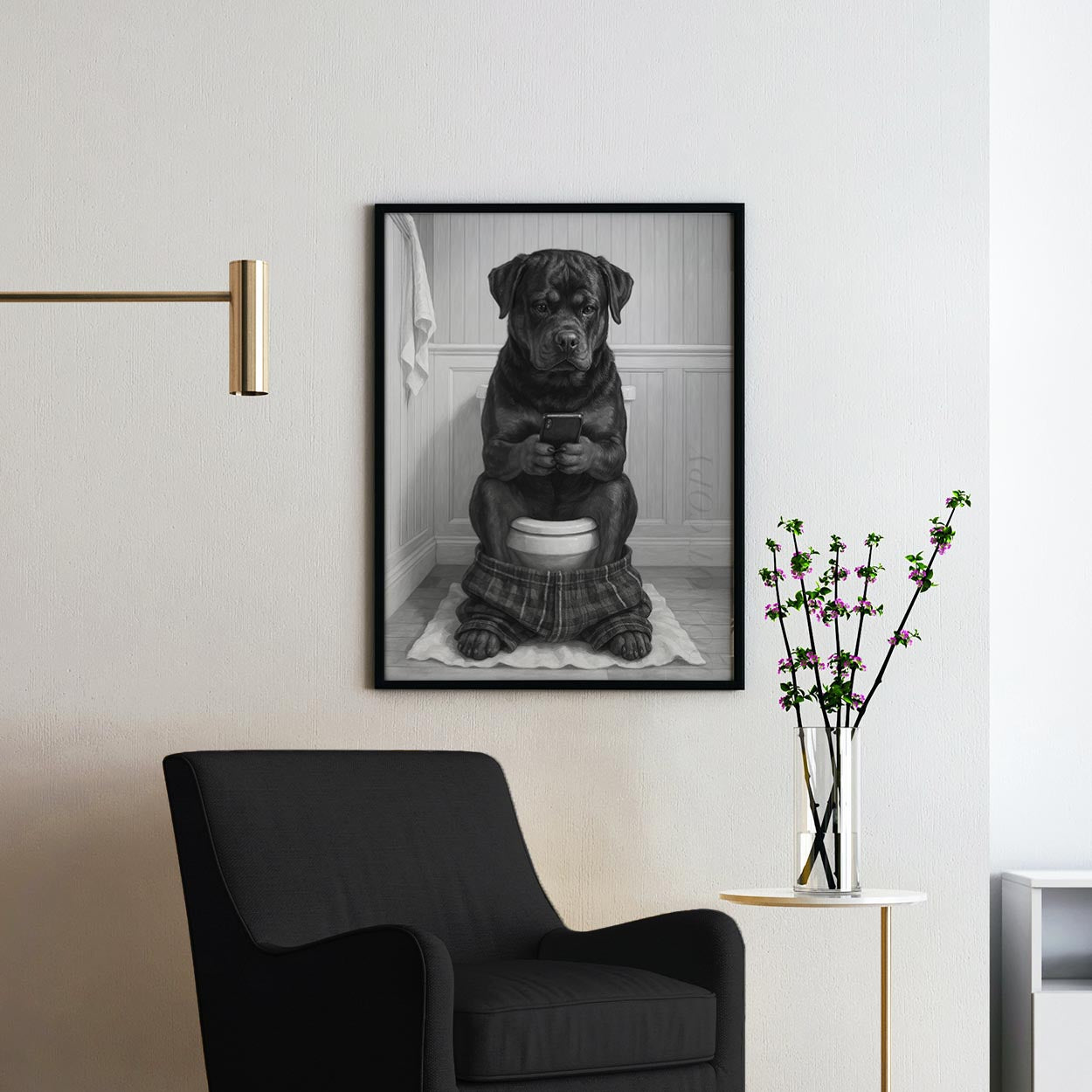 Rottweiler Dog On The Phone On The Toilet