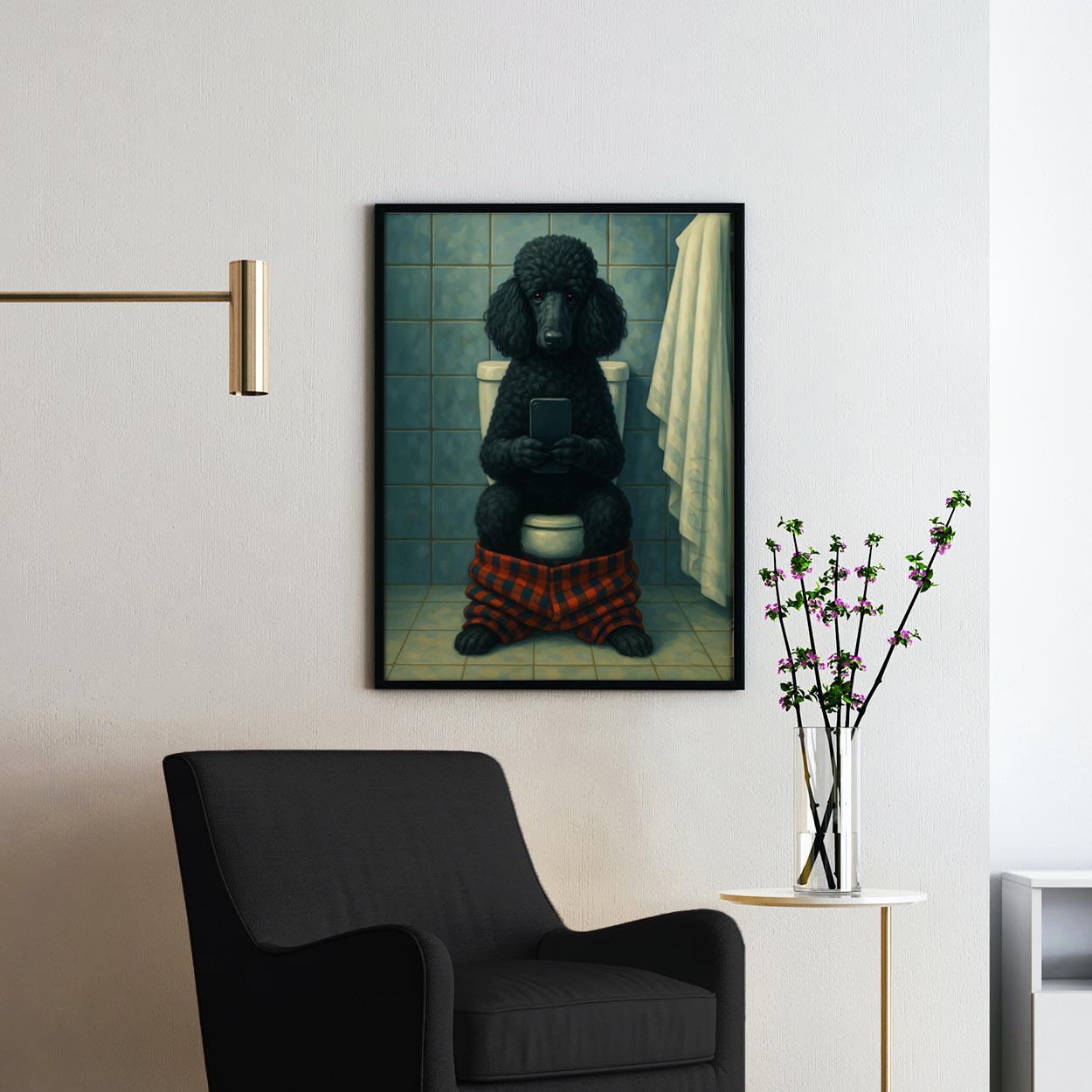 Black Poodle Dog On The Phone On The Toilet