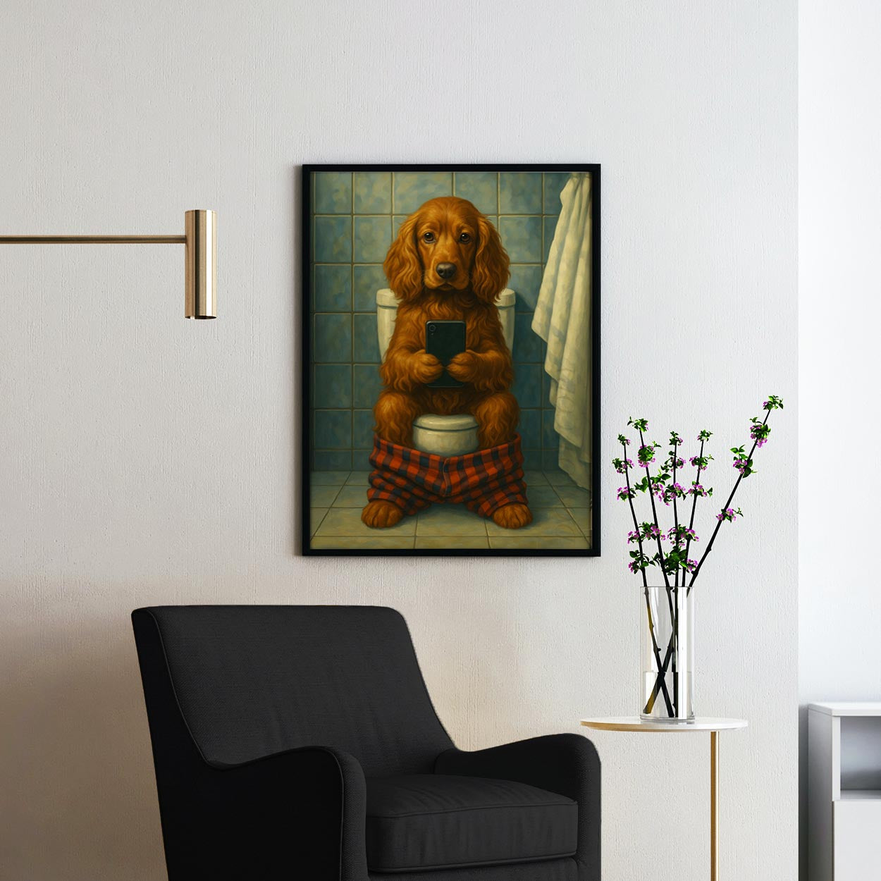 Cocker Spaniel Dog On The Phone On The Toilet