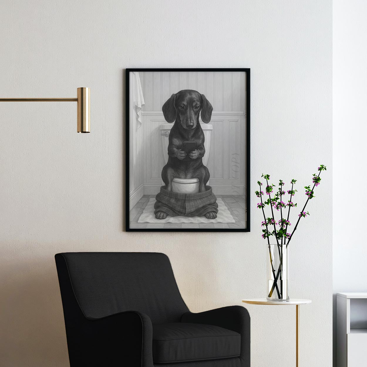 Dachshund Dog On The Phone On The Toilet