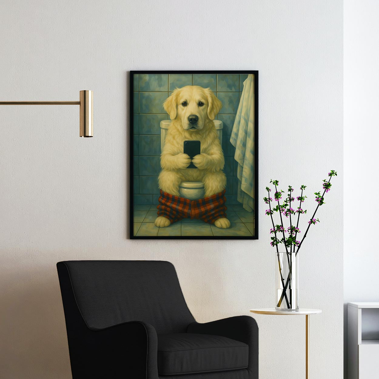 English Cream Golden Retriever On The Phone On The Toilet