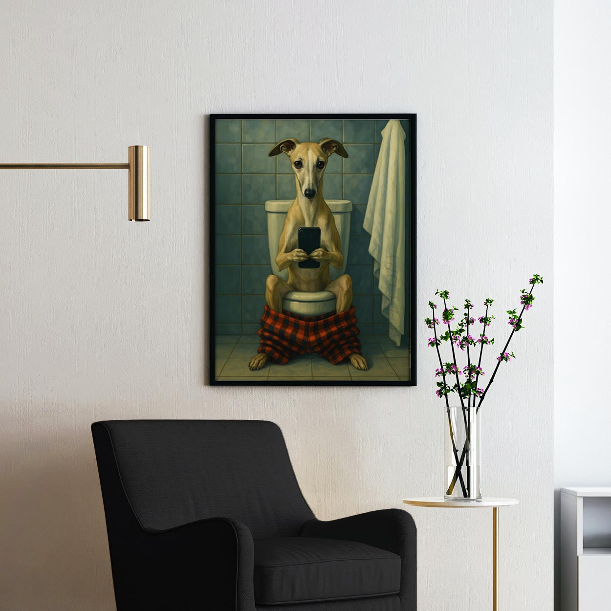 Whippet Dog On The Phone On The Toilet