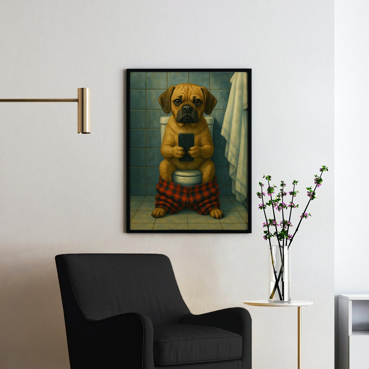 Puggle Dog On The Phone On The Toilet