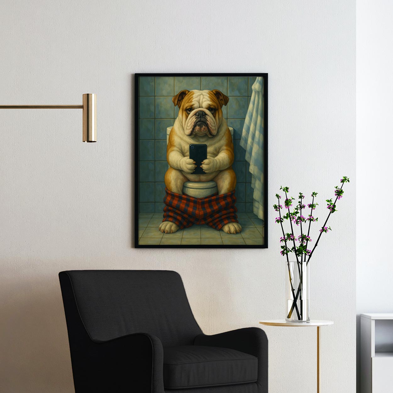 Bulldog On The Phone On The Toilet