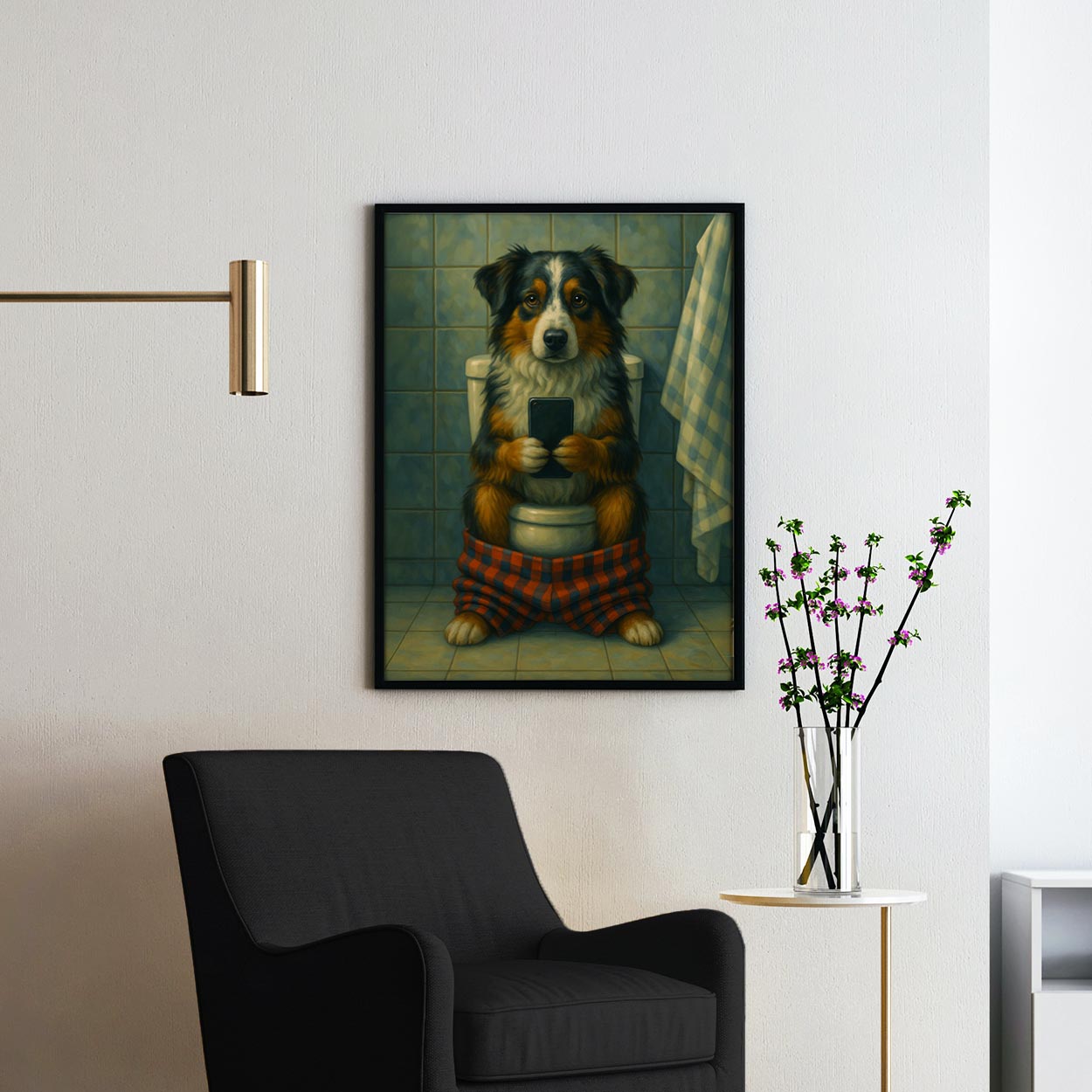 Australian Shepherd Dog On The Phone On The Toilet