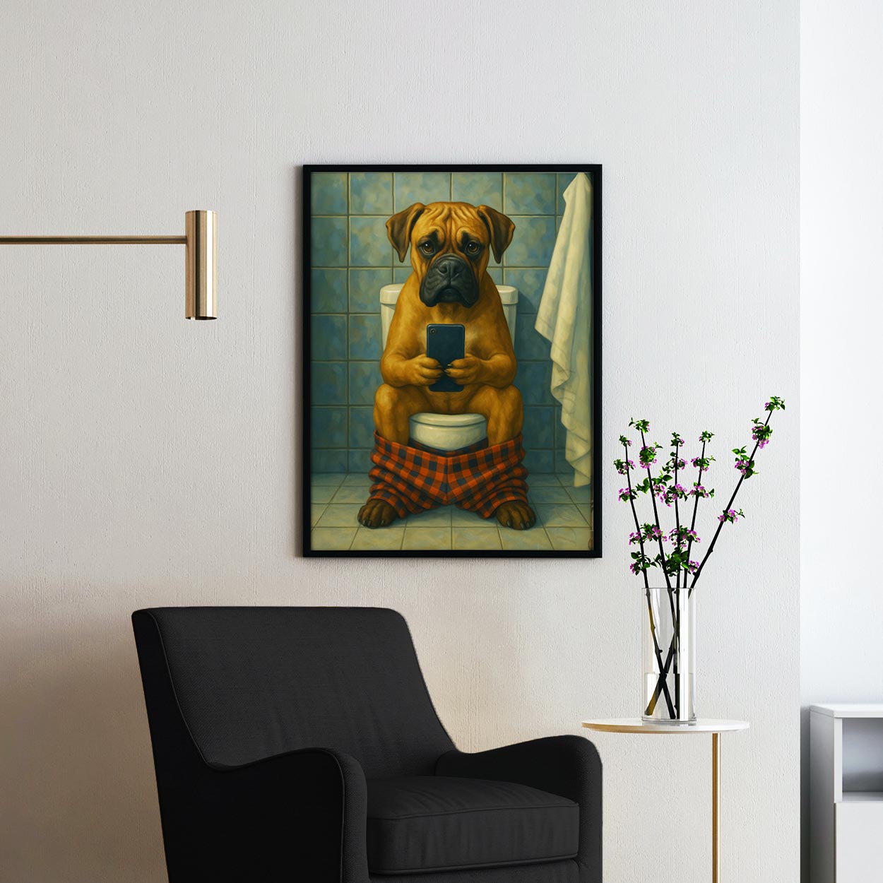 Boxer Dog On The Toilet On The Phone