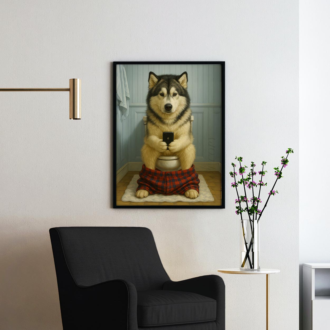 Alaskan Malamute On The Phone On The Toilet