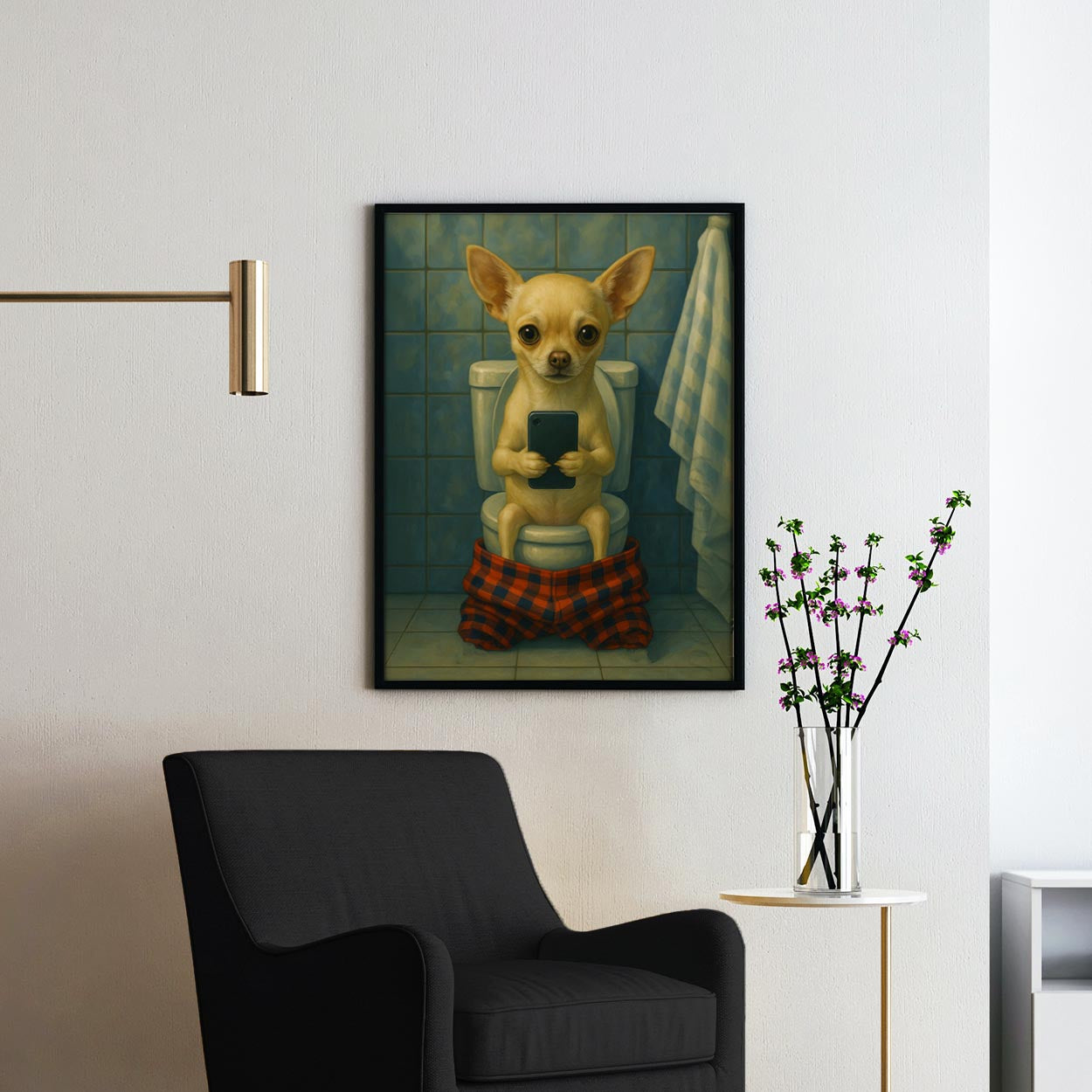 Chihuahua Dog On The Phone On The Toilet