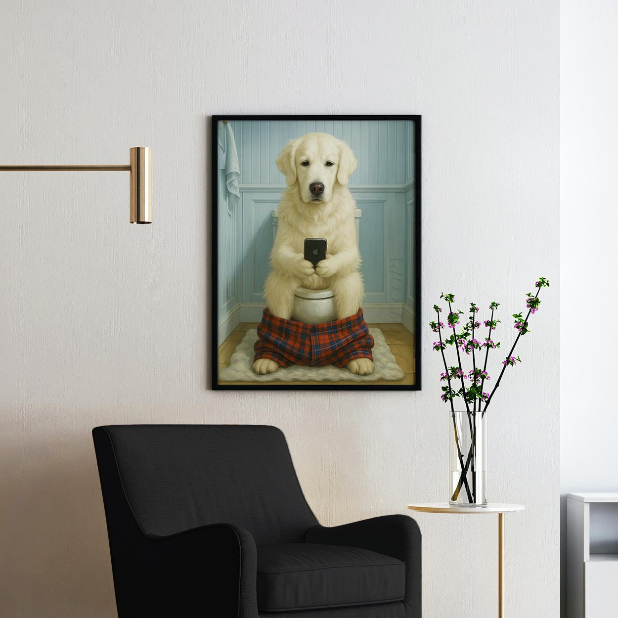 English Cream Golden Retriever On The Phone On The Toilet