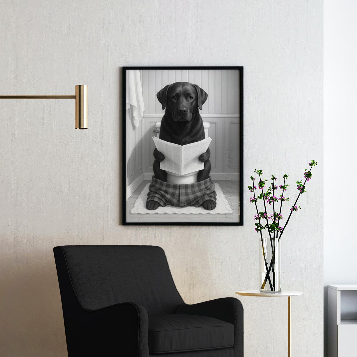 Black Labrador Dog Reading The Newspaper On The Toilet