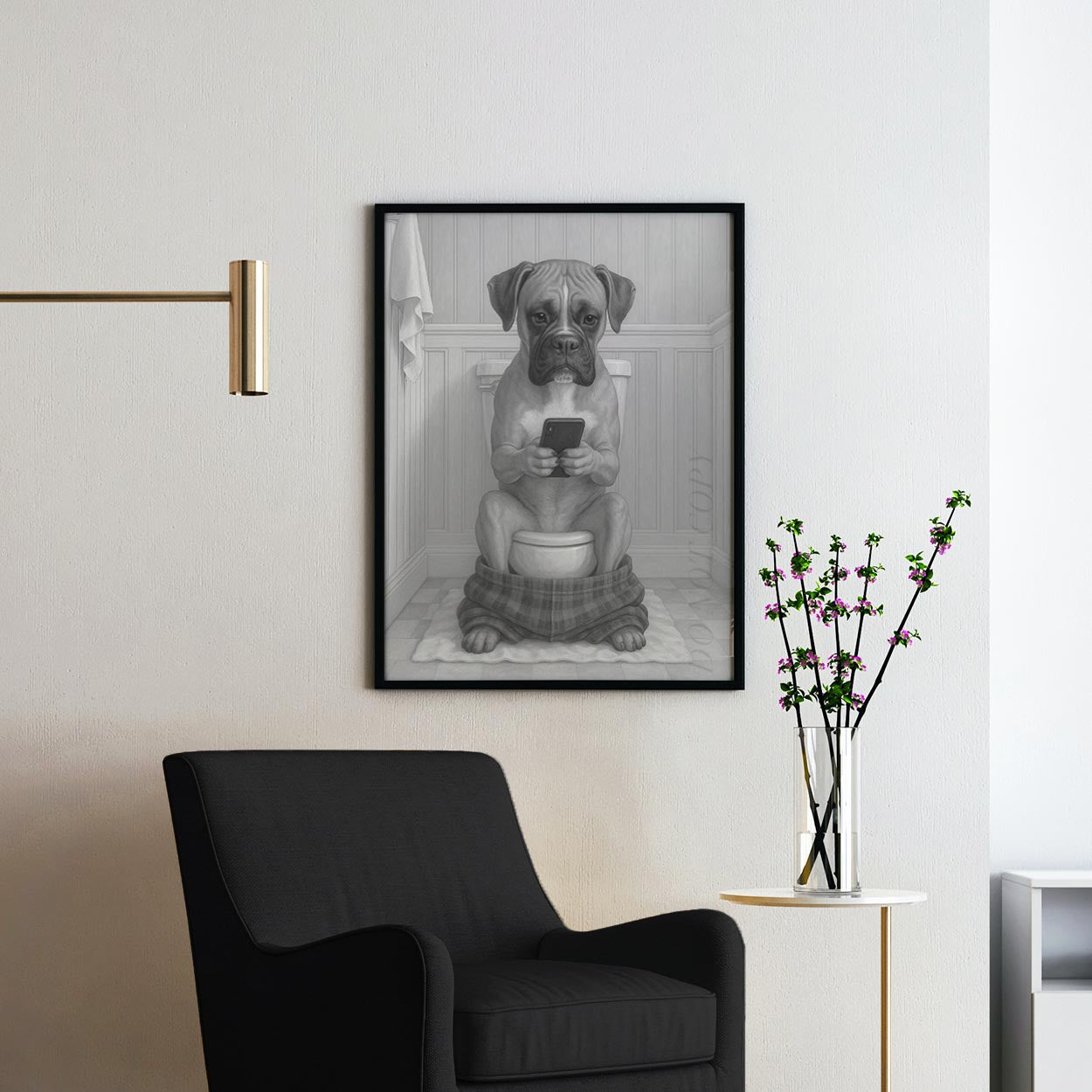 Boxer Dog On The Phone On The Toilet