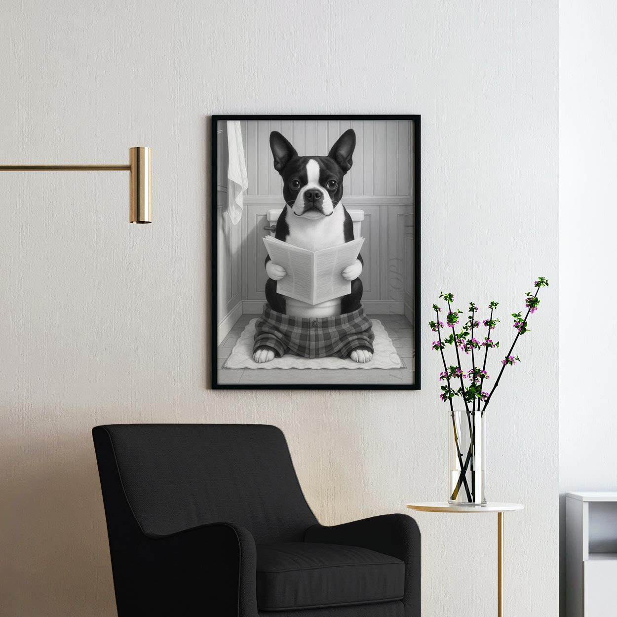 Boston Terrier Dog Reading The Newspaper On The Toilet