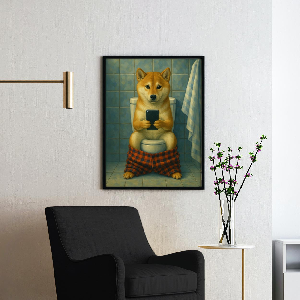 Shiba Inu Dog On The Phone On The Toilet