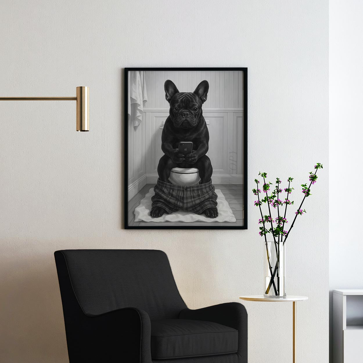French Bulldog On The Phone On The Toilet