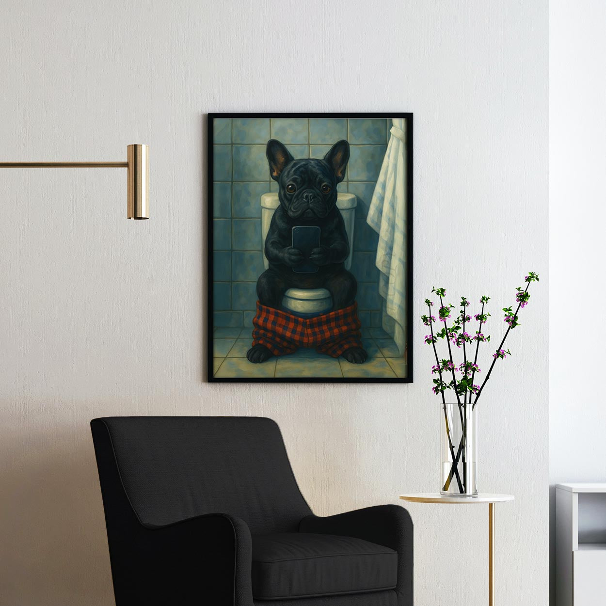 French Bulldog On The Phone On The Toilet