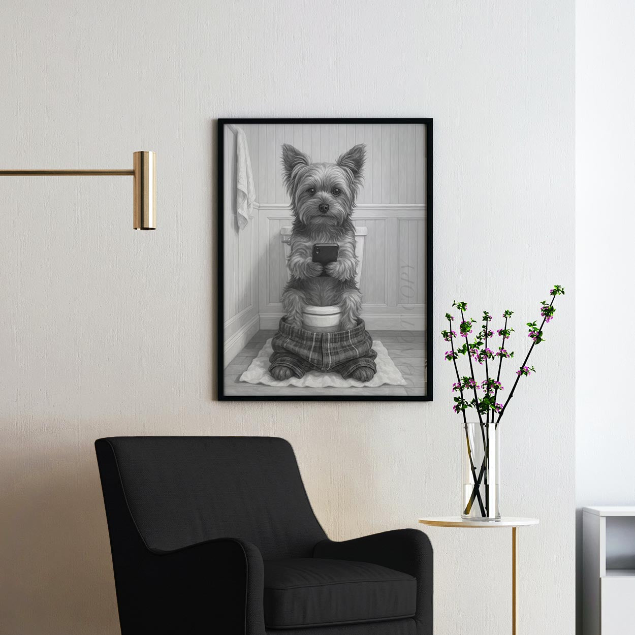 Yorkshire Terrier Dog On The Phone On The Toilet