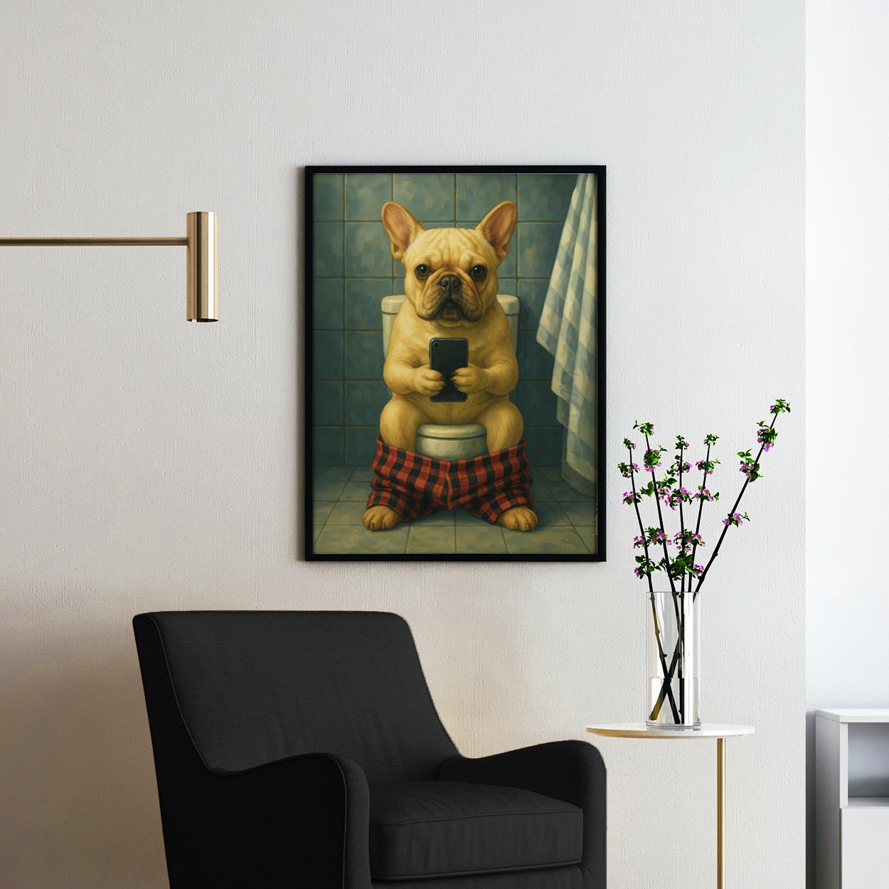 French Bulldog On The Phone On The Toilet II