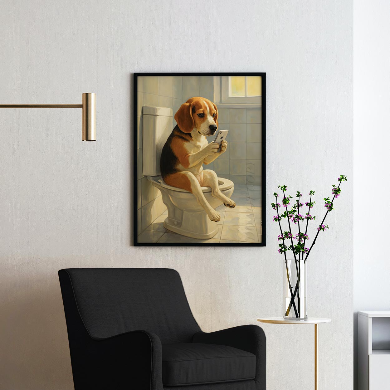 Beagle Dog On The Phone On The Toilet