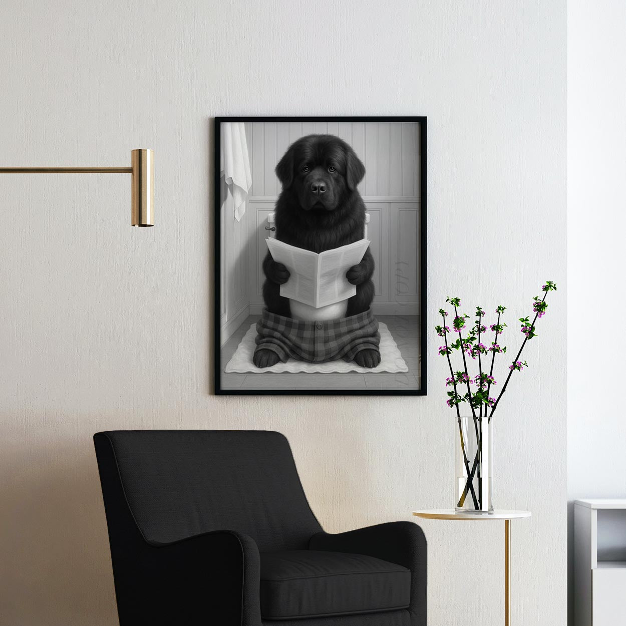 Newfoundland Dog Reading The Newspaper On The Toilet