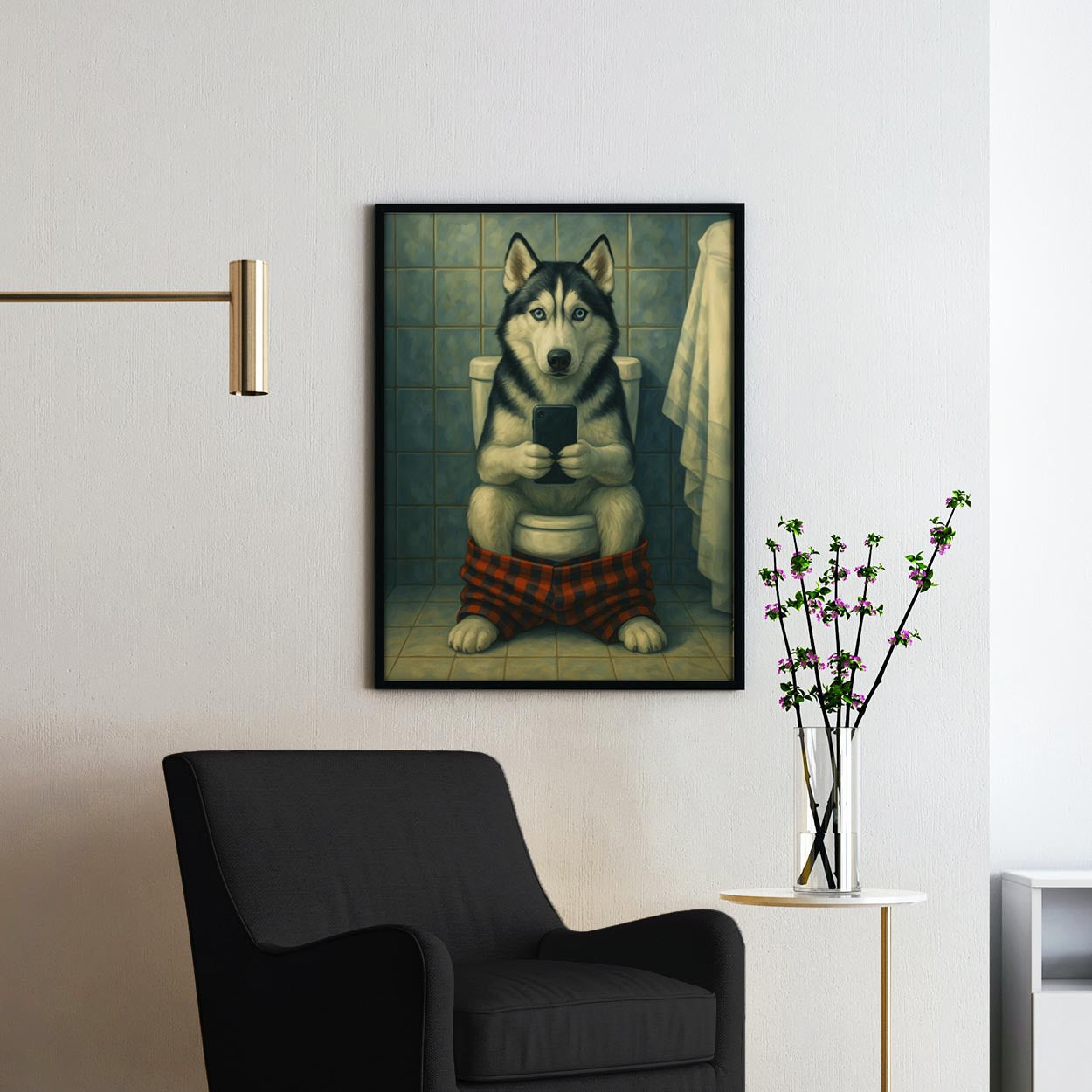 Husky Dog On The Phone On The Toilet