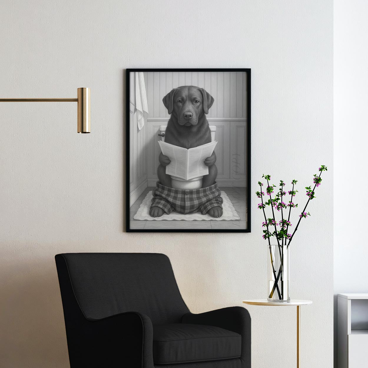 Chocolate Labrador Dog Reading The Newspaper On The Toilet