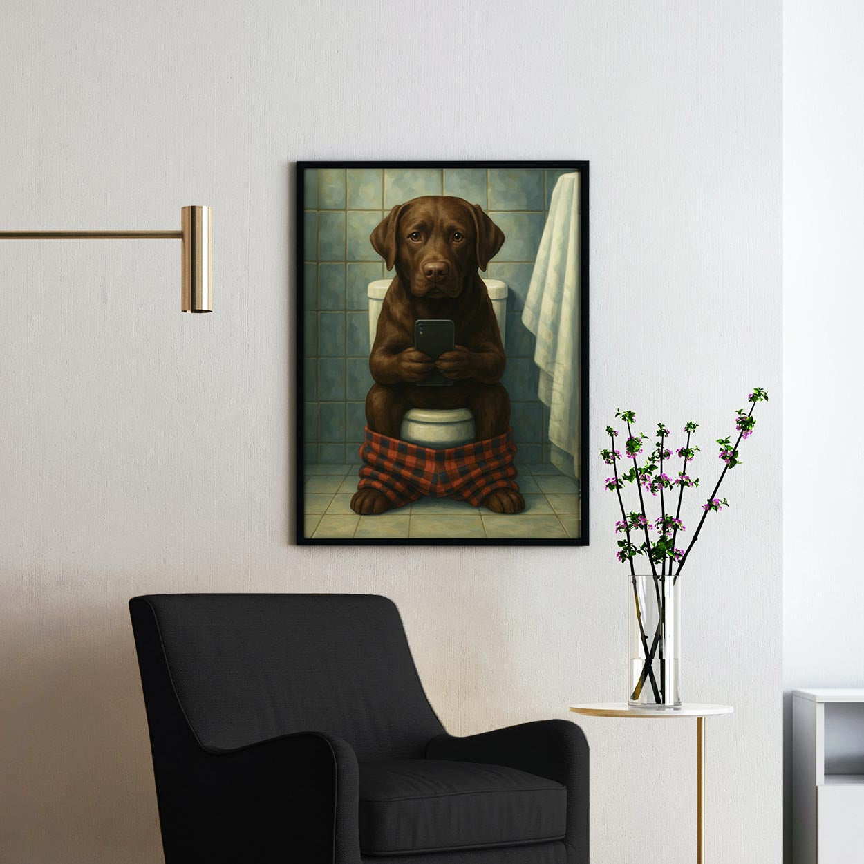 Chocolate Labrador Retriever Dog On The Phone On The Toilet