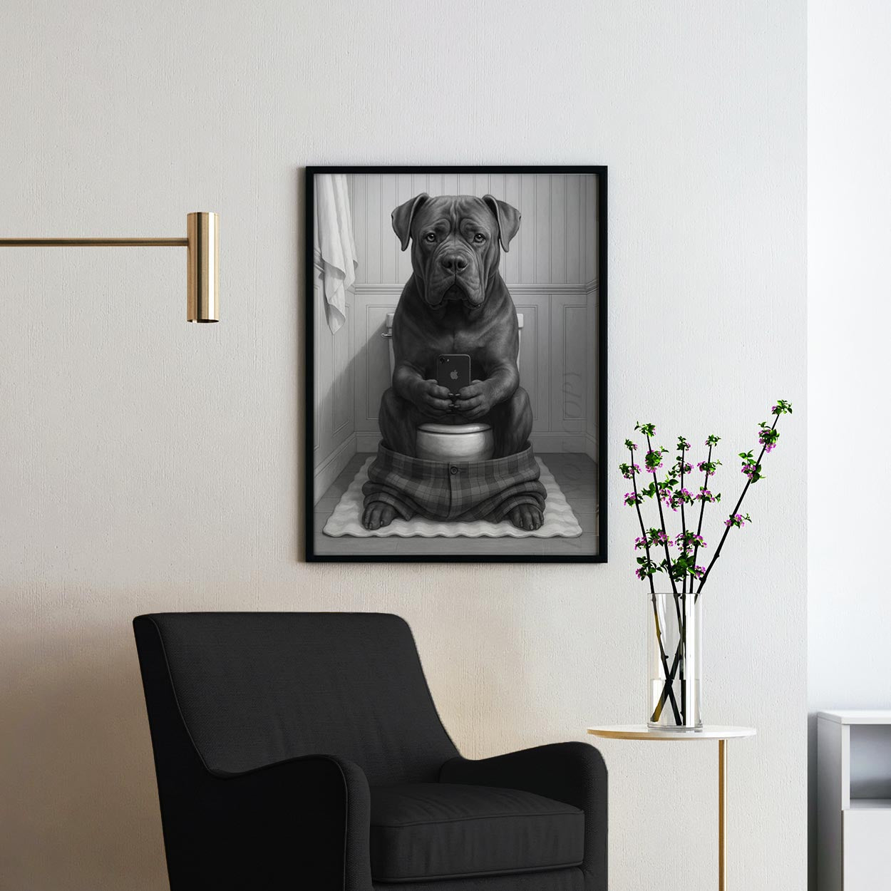 Cane Corso Dog On The Phone On The Toilet