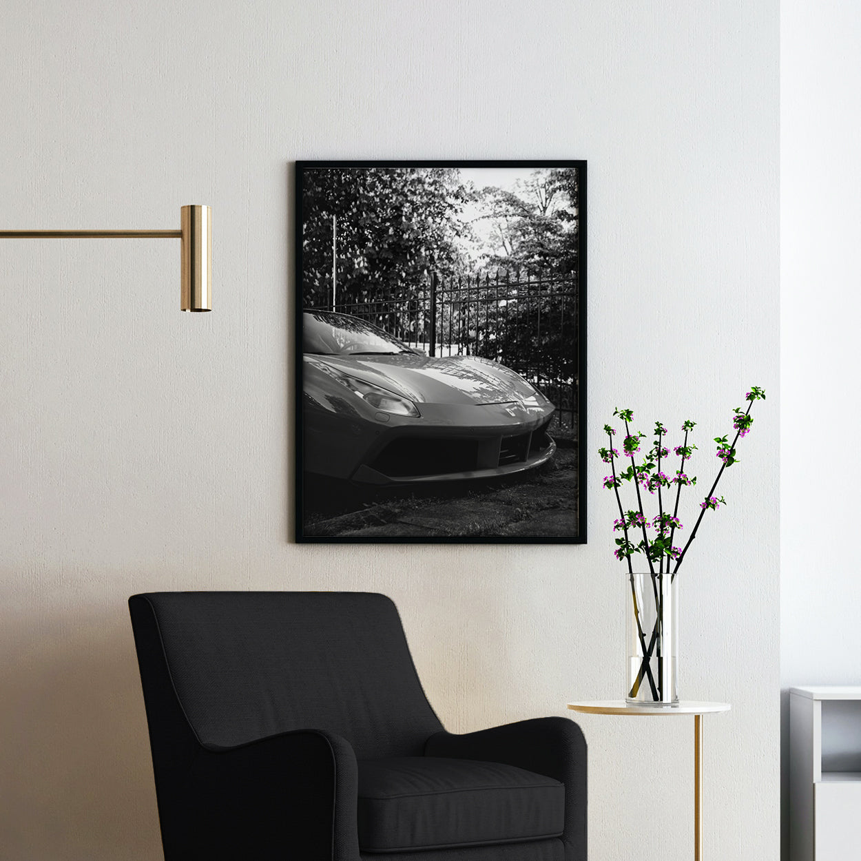 Black & White Ferrari in a Garden