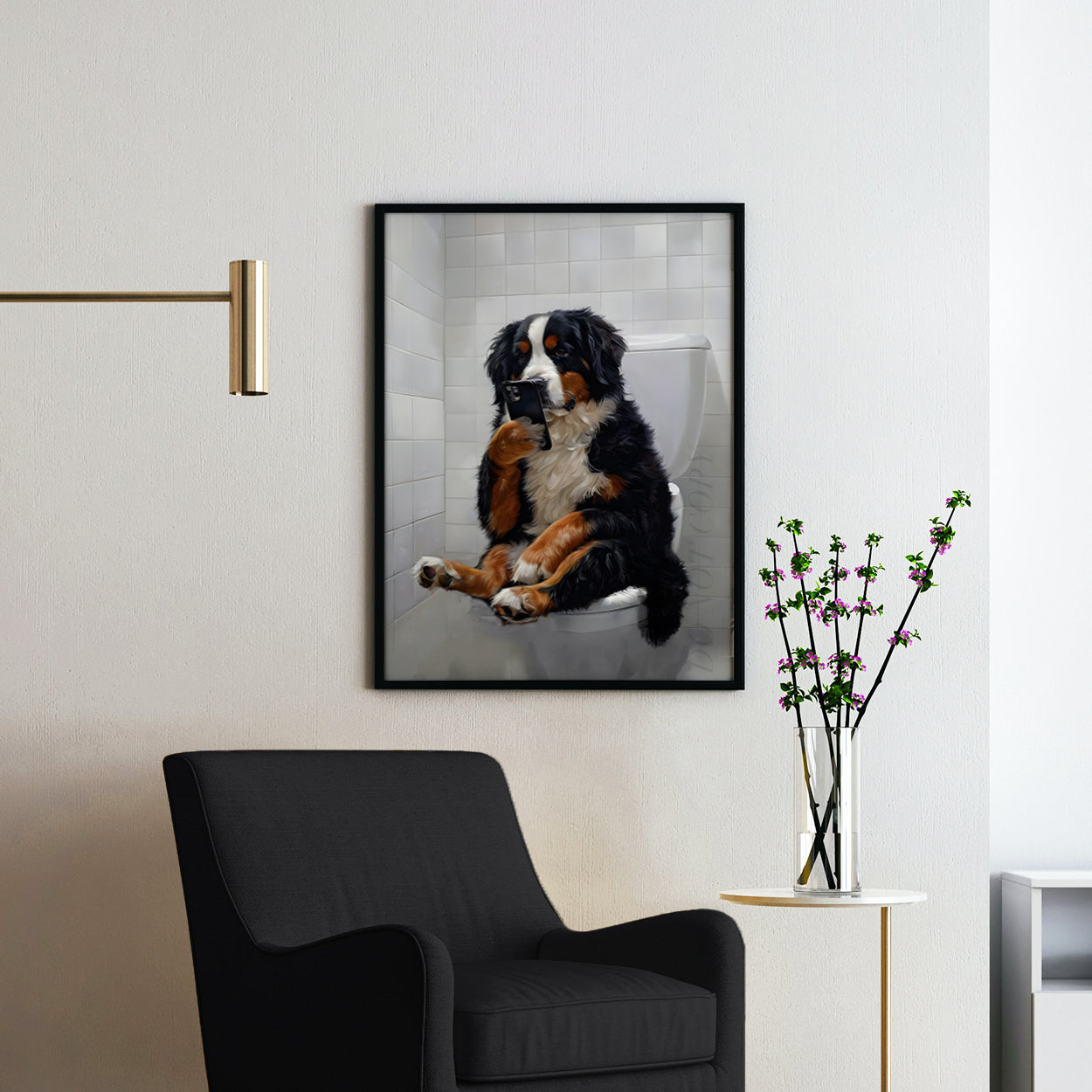 Bernese Mountain Dog On The Phone On The Toilet