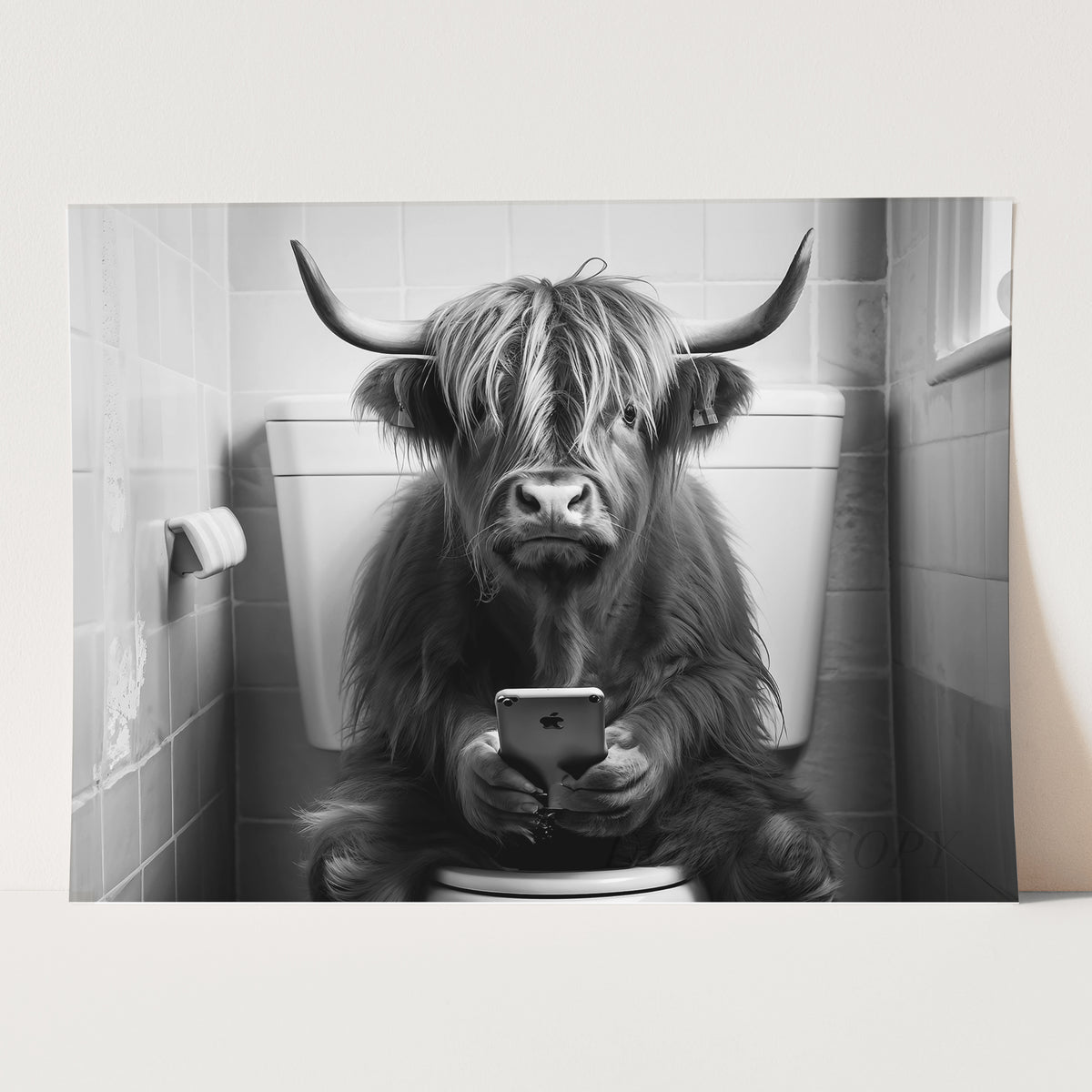 Highland Cow On The Phone On The Toilet II