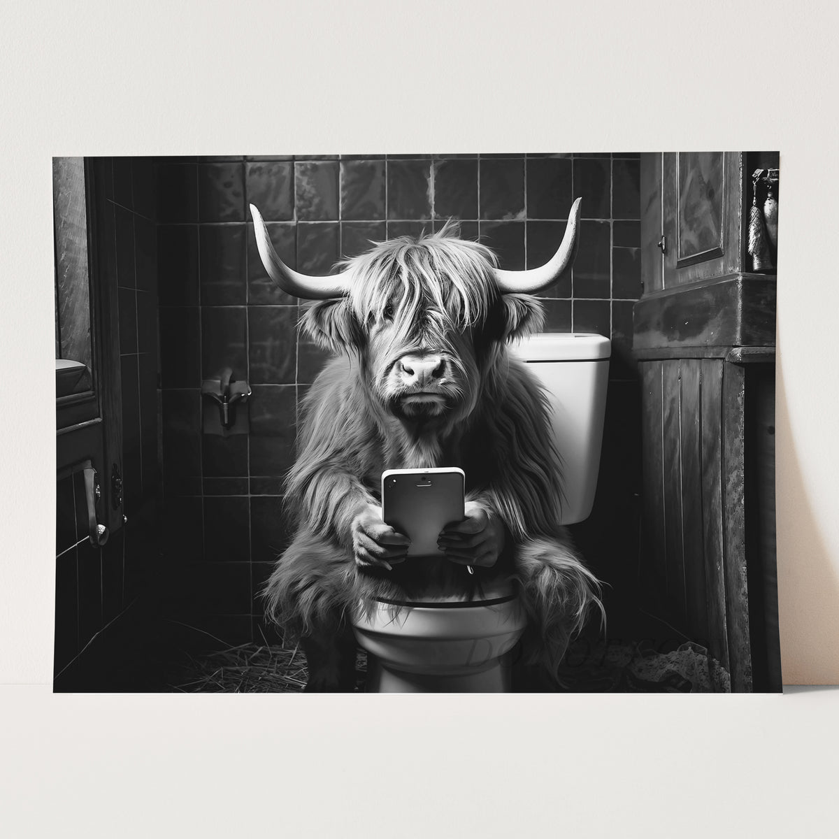 Highland Cow On The Toilet On The Phone