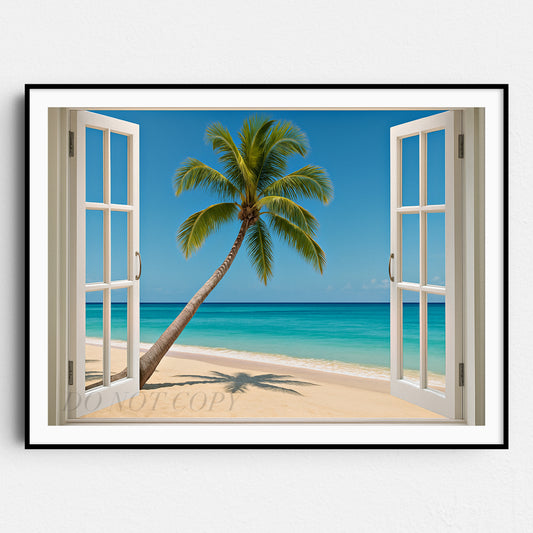 Open Window To The Beach With Palm Tree