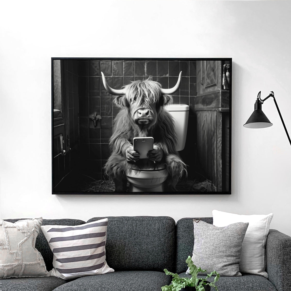 Highland Cow On The Toilet On The Phone