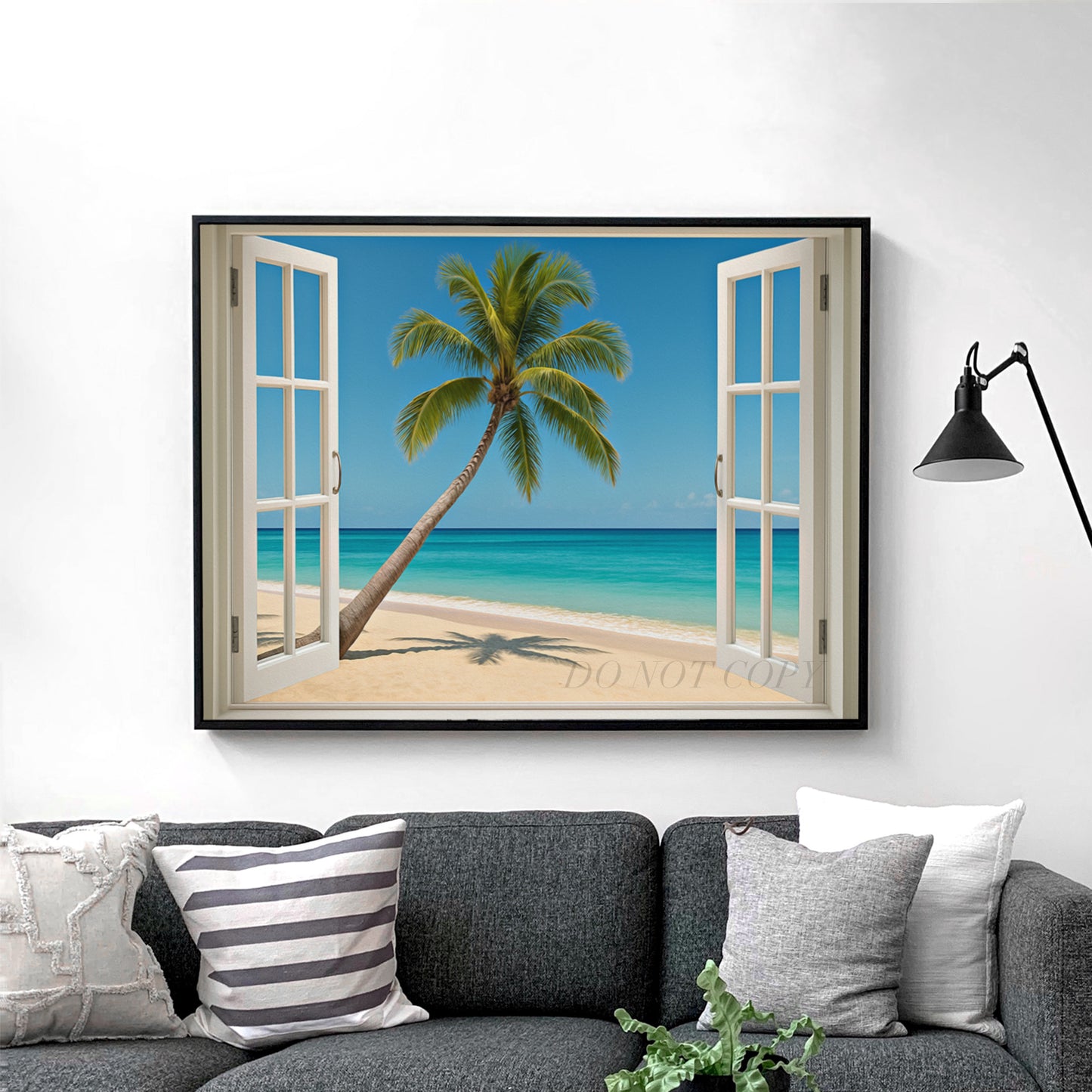 Open Window To The Beach With Palm Tree