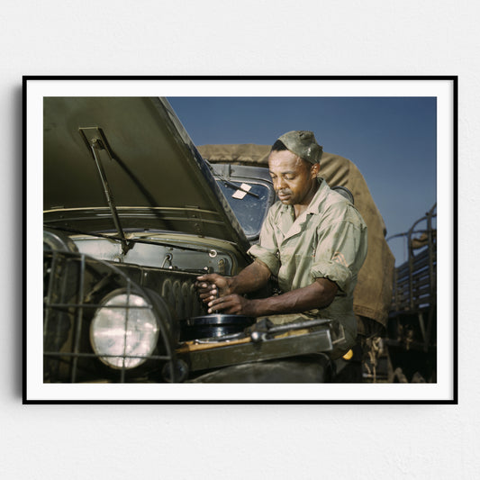 African American Mechanic Servicing a Jeep, World War Two