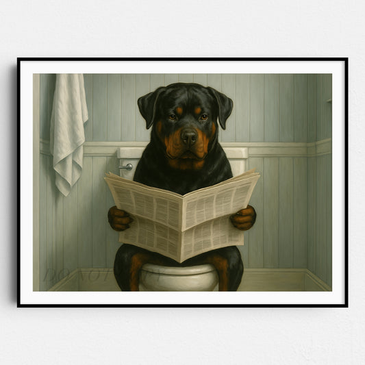 Rottweiler Reading The Newspaper On The Toilet