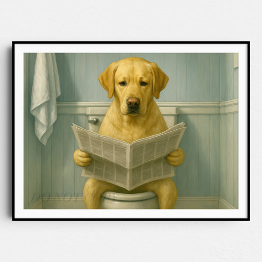Yellow Labrador Retriever Reading The Newspaper On The Toilet